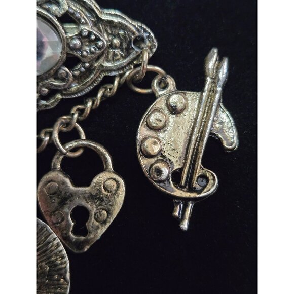 Vintage Artist Charm Brooch Dancer Painting Heart Clock Car - Picture 4 of 5